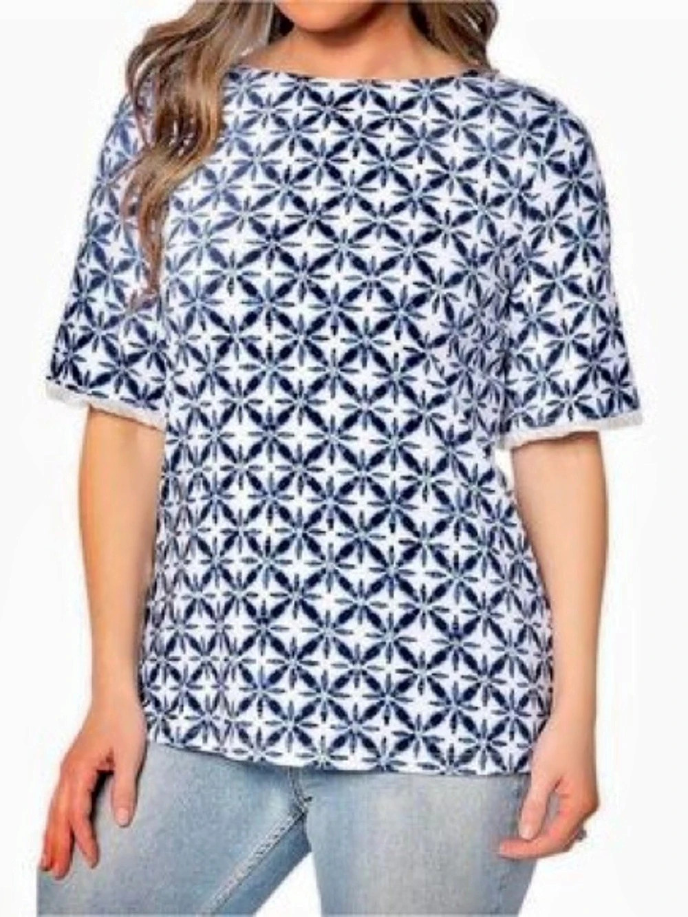 Denim & Co Geometric Short Sleeve Blouse in Blue & White